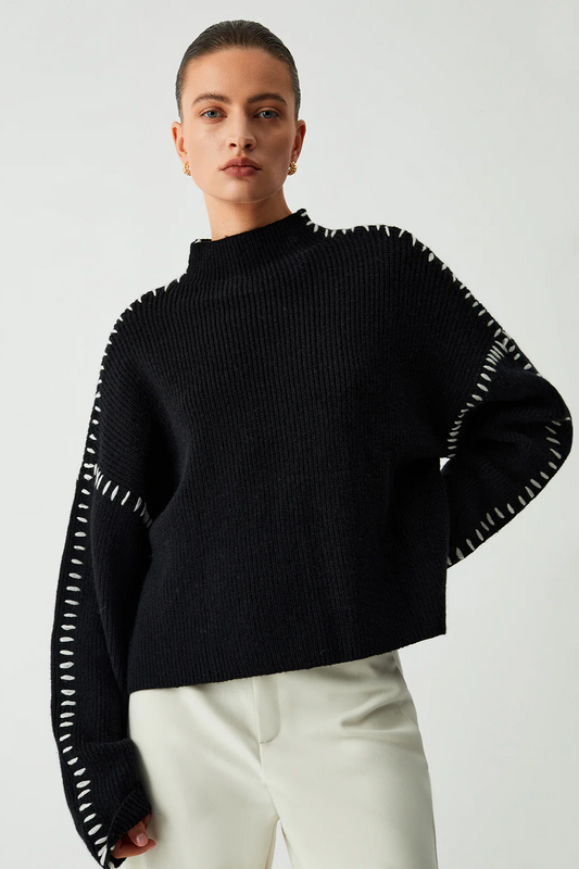 CONTRAST STITCH MOCK NECK SWEATER